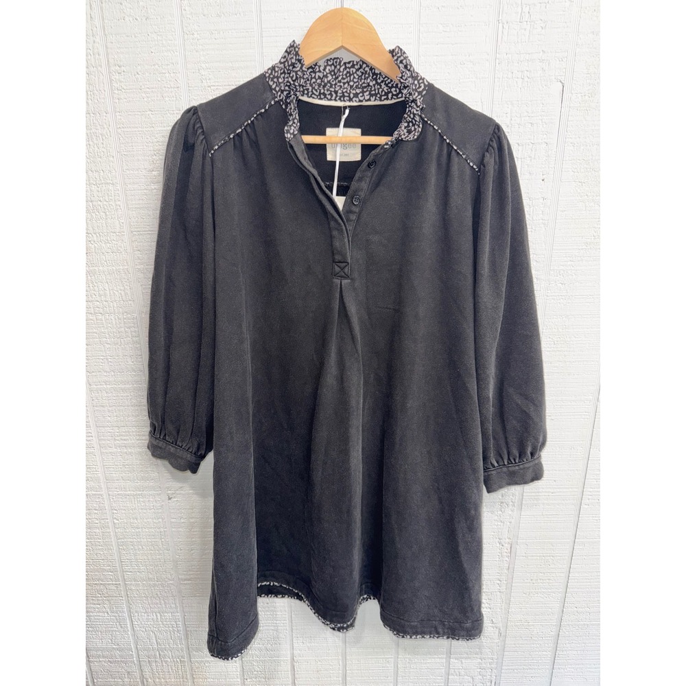Umgee Tunic Dress Womens Black Leopard Trim Ruffle Neck Puff Sleeve New S/M
